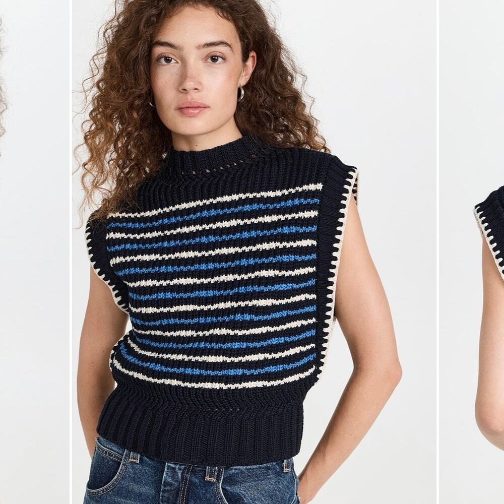 Veronica Beard Tarina Navy Multi Striped Knit Sweater Vest L